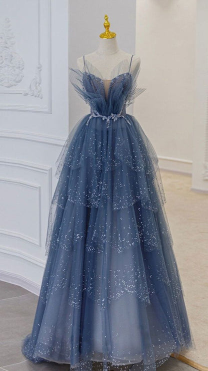 blue tulle sequin long prom dress M4985
