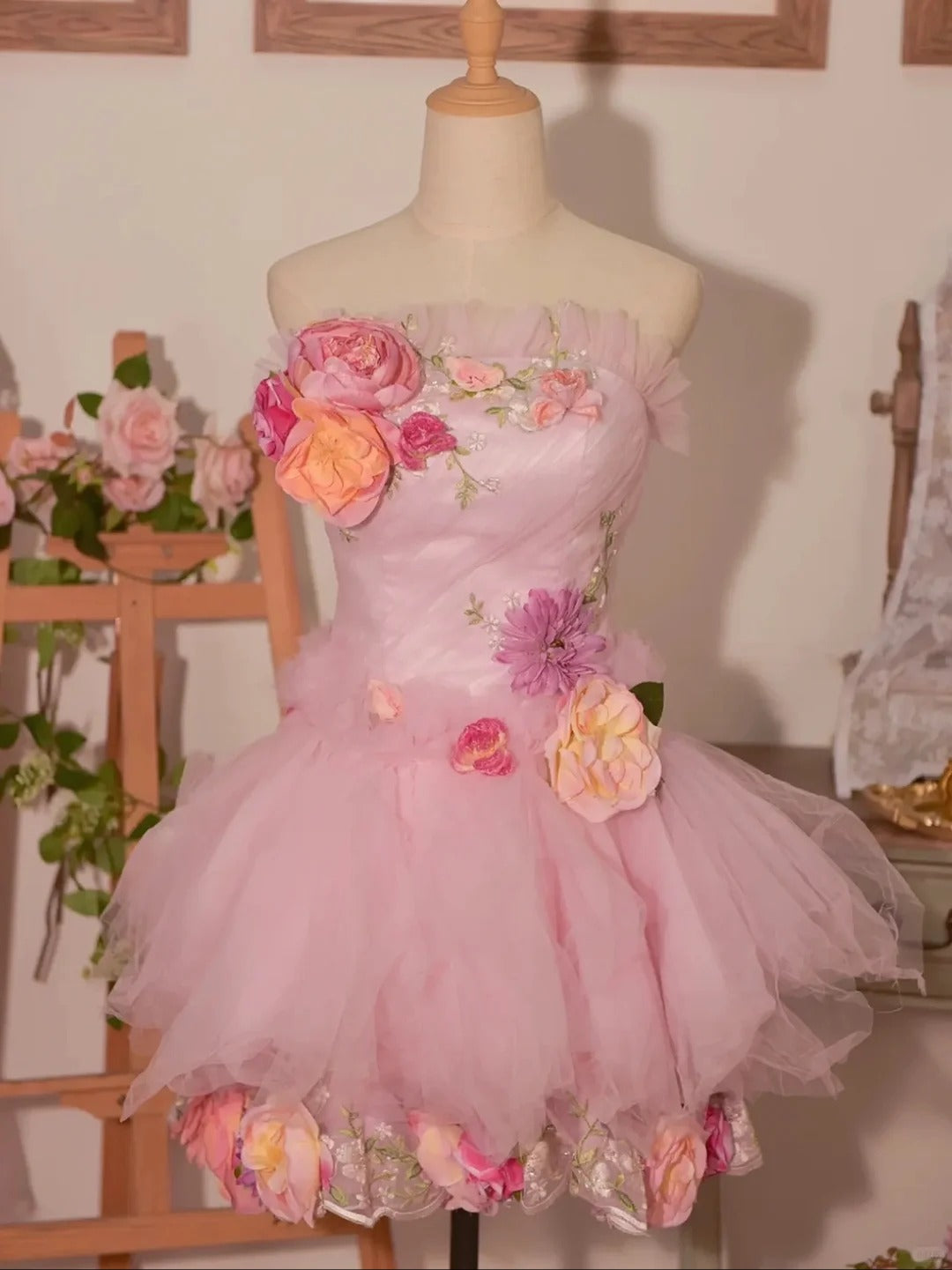 Stunning Homecoming Dress Strapless Flower Tulle Dress Back to School Outfits Party Dress  D6403