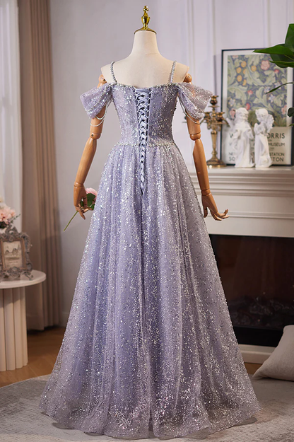 Lilac Straps Off Shoulder A-Line Tulle Sequins Long Formal Prom Dress MD7597