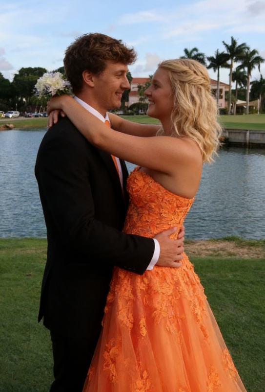 Strapless Tulle Appliques Long Evening Dress Orange Prom Dress SH965