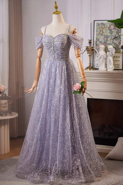 Lilac Straps Off Shoulder A-Line Tulle Sequins Long Formal Prom Dress MD7597