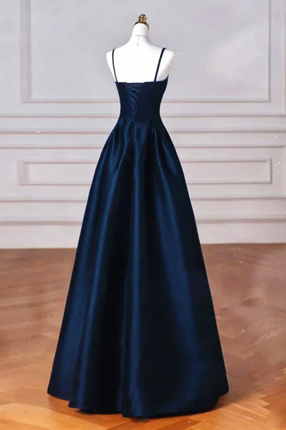 Navy Blue Spaghetti Straps A-Line Satin Long Formal Party Dress MD7338