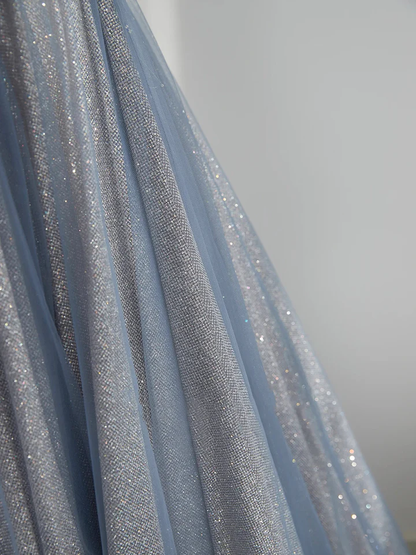 Blue Tulle A-Line Straps Off Shoulder Formal Evening Party Dress MD7191