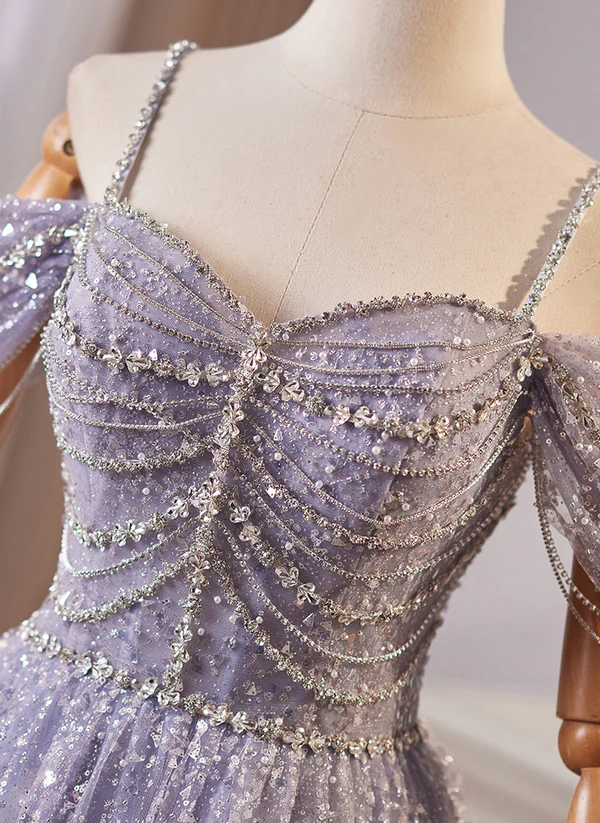 Lilac Straps Off Shoulder A-Line Tulle Sequins Long Formal Prom Dress MD7597