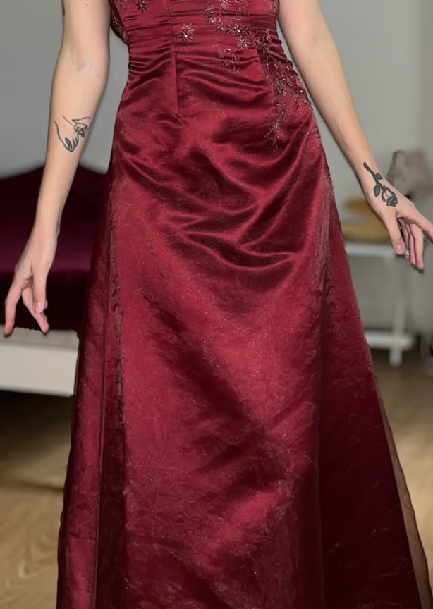 Vintage A Line Strapless Exquisite Beaded Burgundy Satin Prom Dress Evening Dress SH6073