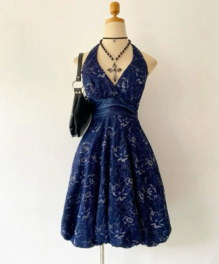 Navy Blue Halter A-Line Lace Midi Length Party Dresses Cocktail Dresses Homecoming Dress, D1221
