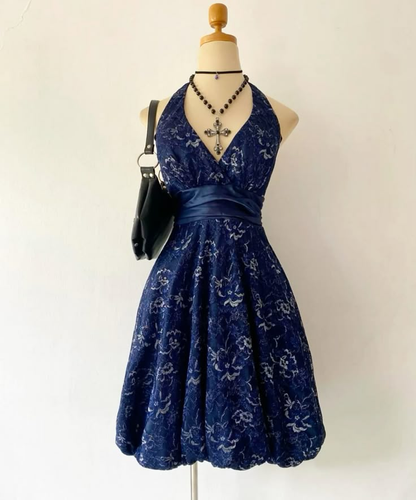 Navy Blue Halter A-Line Lace Midi Length Party Dresses Cocktail Dresses Homecoming Dress, D1221