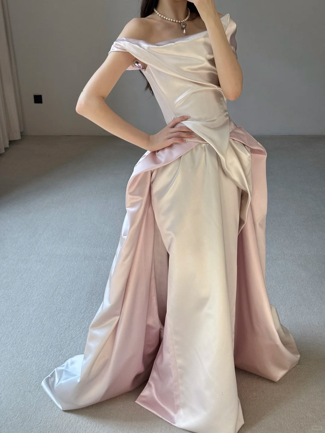 Unique Pink White Ombre A Line Off the Shoulder Pleated Satin Long Wedding Dress SH5152