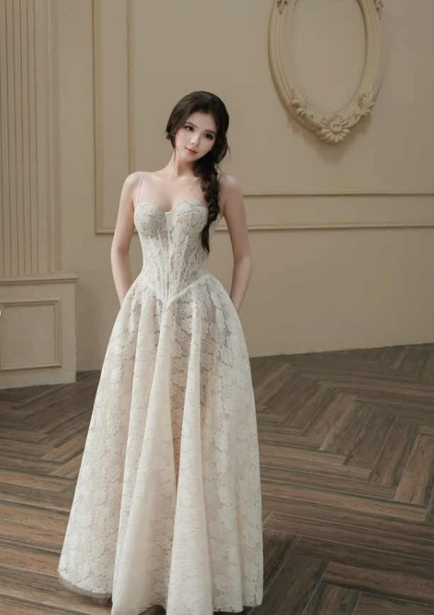 Sweety A Line Spaghetti Straps Long Sleeve White Lace Long Prom Dress SH5296