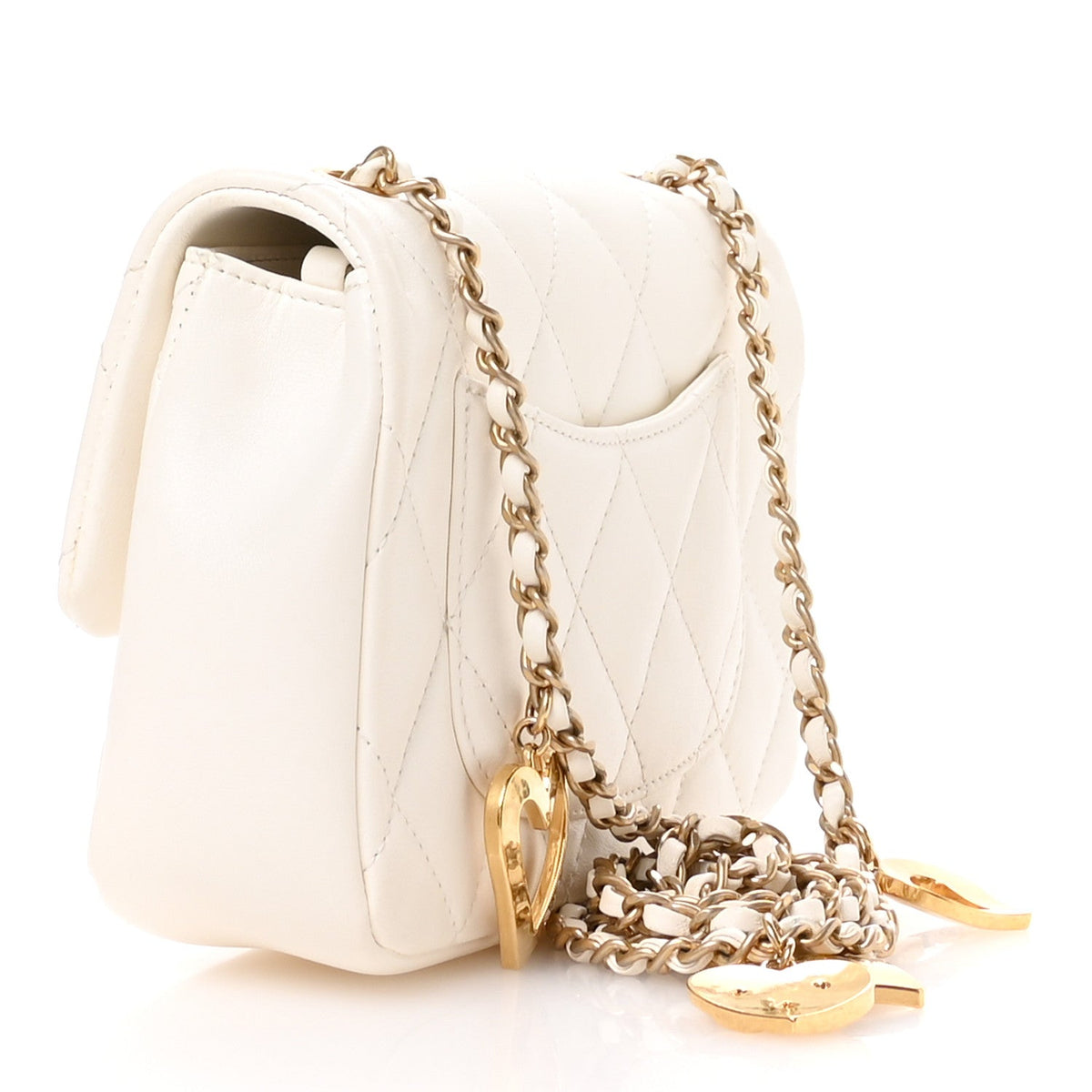 Lambskin Quilted Mini Heart Charms Flap White