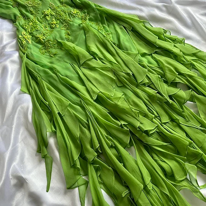 Green Spaghetti Straps Ruffles Sheath Vintage Long Party Dress MD7499