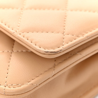 Lambskin Quilted CC Pearl Crush Wallet on Chain WOC Beige