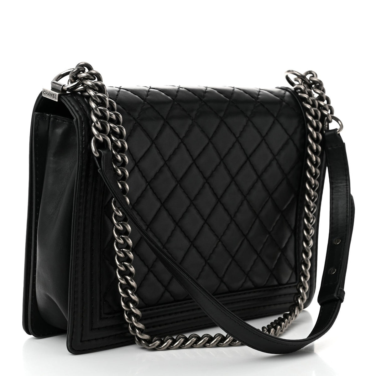 Calfskin Double Stitch Large Boy Flap Black