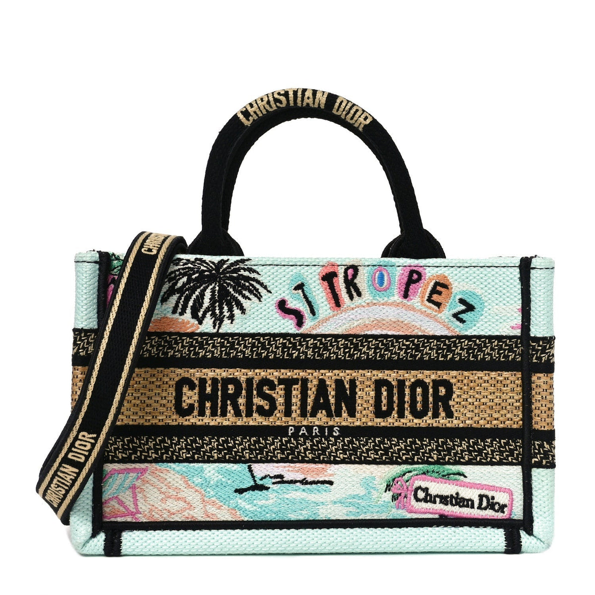 Canvas Embroidered Souvenir Saint Tropez Mini Book Tote With Strap Natural Multicolor