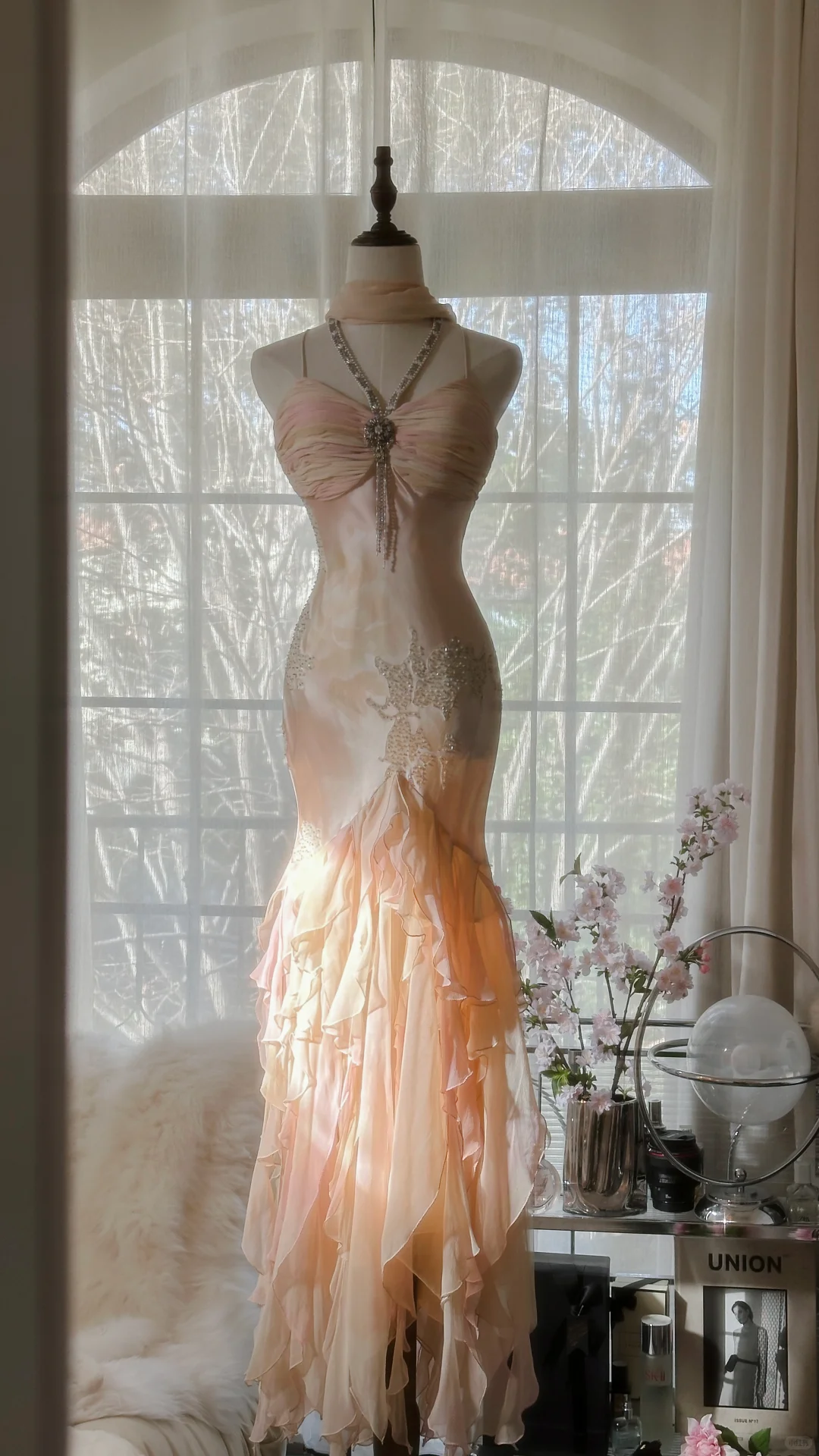 Vintage Mermaid Beaded Floral Design Romantic Chiffon Evening Dress Prom Dress D1512