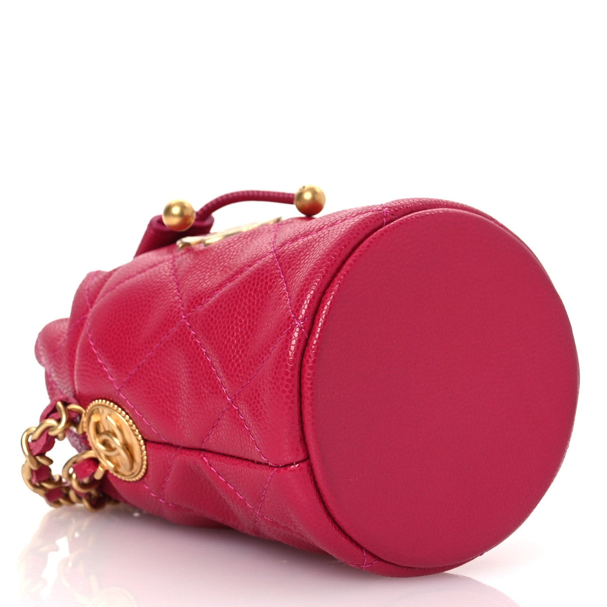 Caviar Quilted Twist Your Buttons Mini Bucket Bag Fuchsia