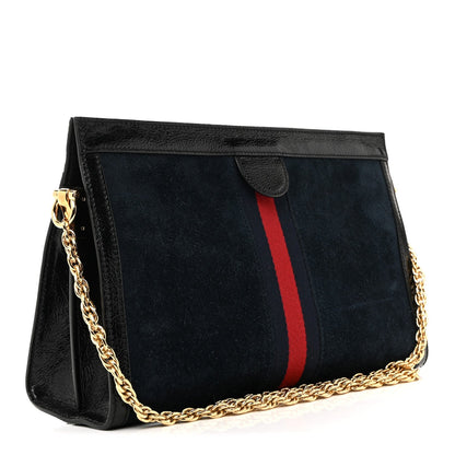 Suede Patent Web Dragon Embroidered Medium Ophidia Chain Shoulder Bag Blue Multicolor Black