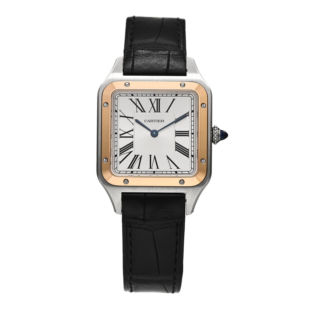 Stainless Steel 18K Pink Gold Alligator 31.4mm Santos Dumont Quartz Watch
