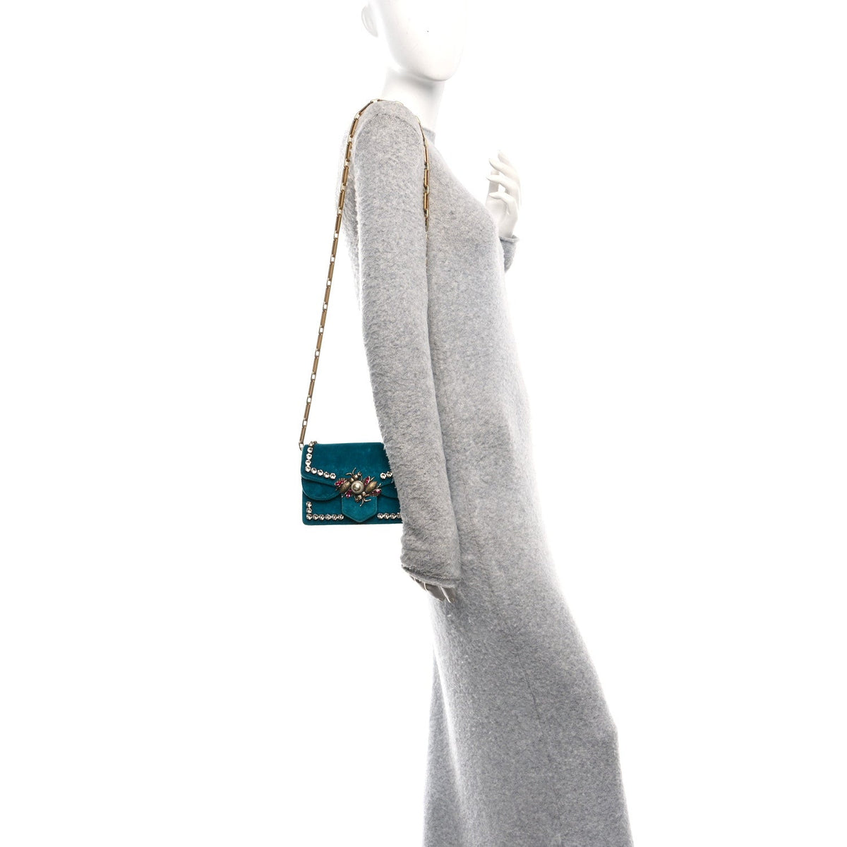 Velvet Crystal Mini Bee Broadway Shoulder Bag Pavone Cyan