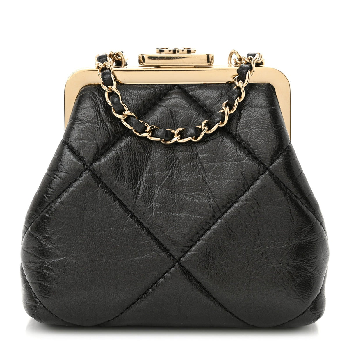 Shiny Aged Lambskin Quilted Kiss Lock Clutch With Chain Black