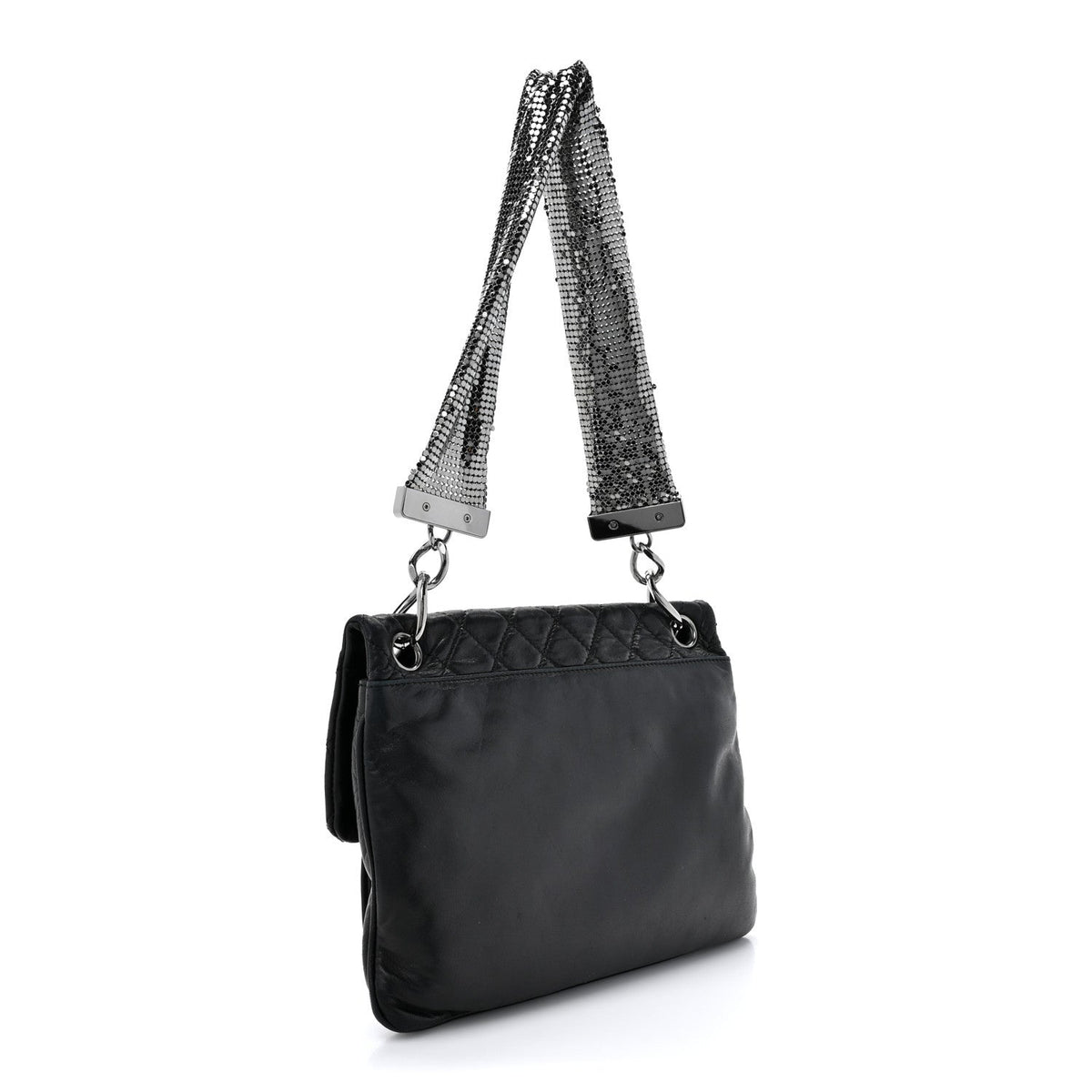 Lambskin Quilted Chain Mail Shoulder Bag Black