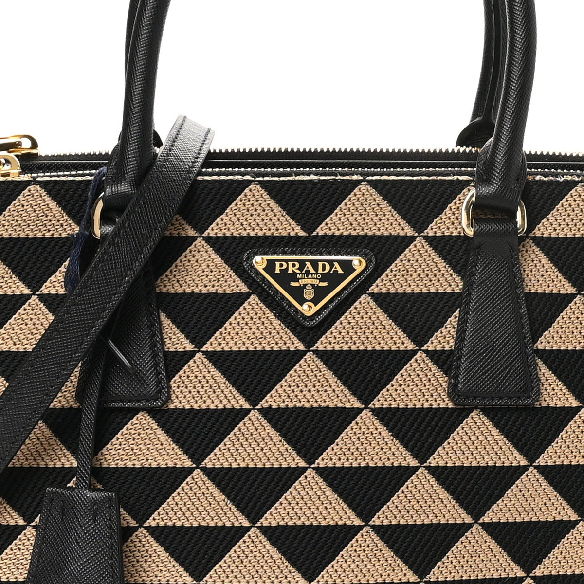 Jacquard Saffiano Triangolo Symbole Embroidered Small Galleria Double Zip Tote Black Corda