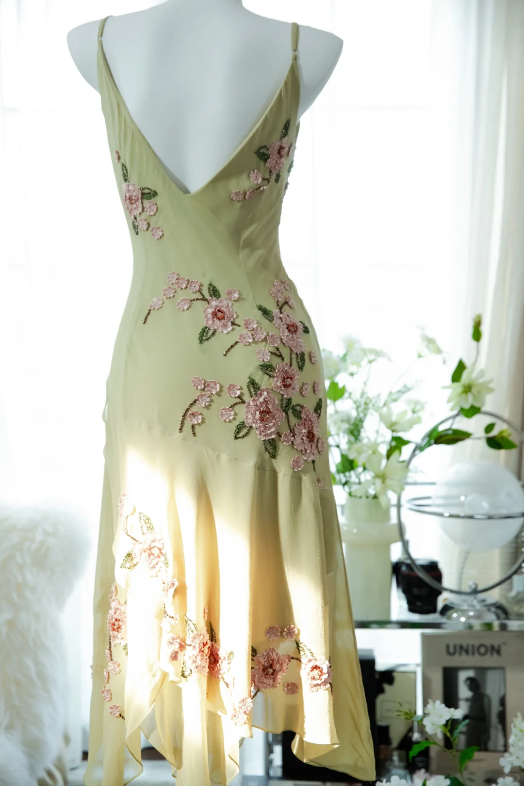 Vintage Light Green Spaghetti Strap Floral Design A-line Romantic Chiffon Evening Dress Prom Dress D1504