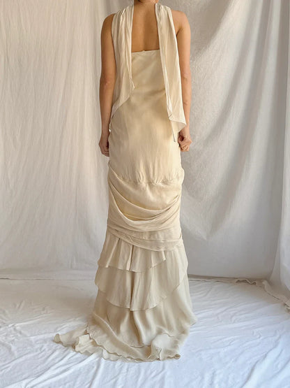 Vintage Apricot Draped Gown Featuring Strapless Neckline Dress with Scarf SH3628