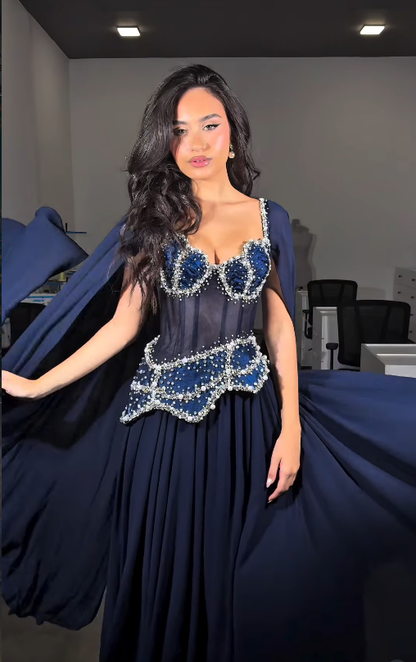 Stunning Navy Blue A Line Exquisite Pearl Beaded Chiffon Tulle Graduation Prom Dress SH5331