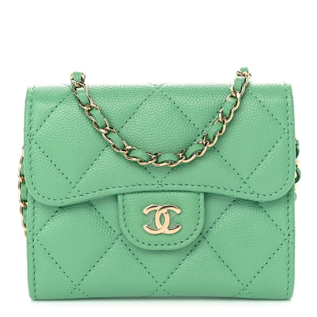 Caviar Quilted Flap Card Holder On Chain Light Green