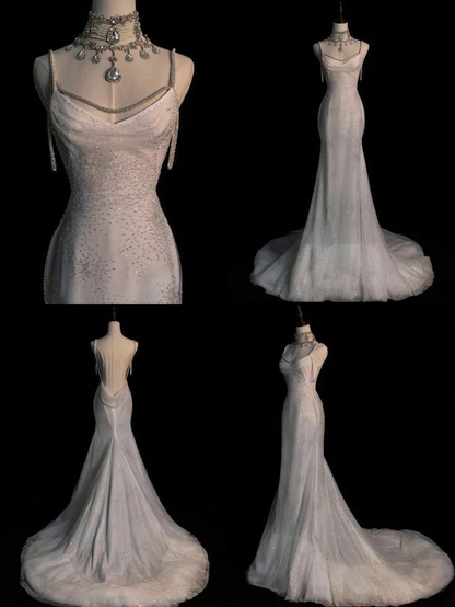 Stunning White Backless Mermaid Shiny Party Gown Wedding Dress, MD7991
