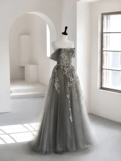 Green tulle lace long prom dress A line evening dress M5323