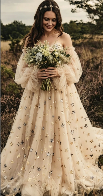 Sweetheart Champagne Tulle Bubble Sleeves Long A Line Prom Dress Beaded Evening Dress KS7039