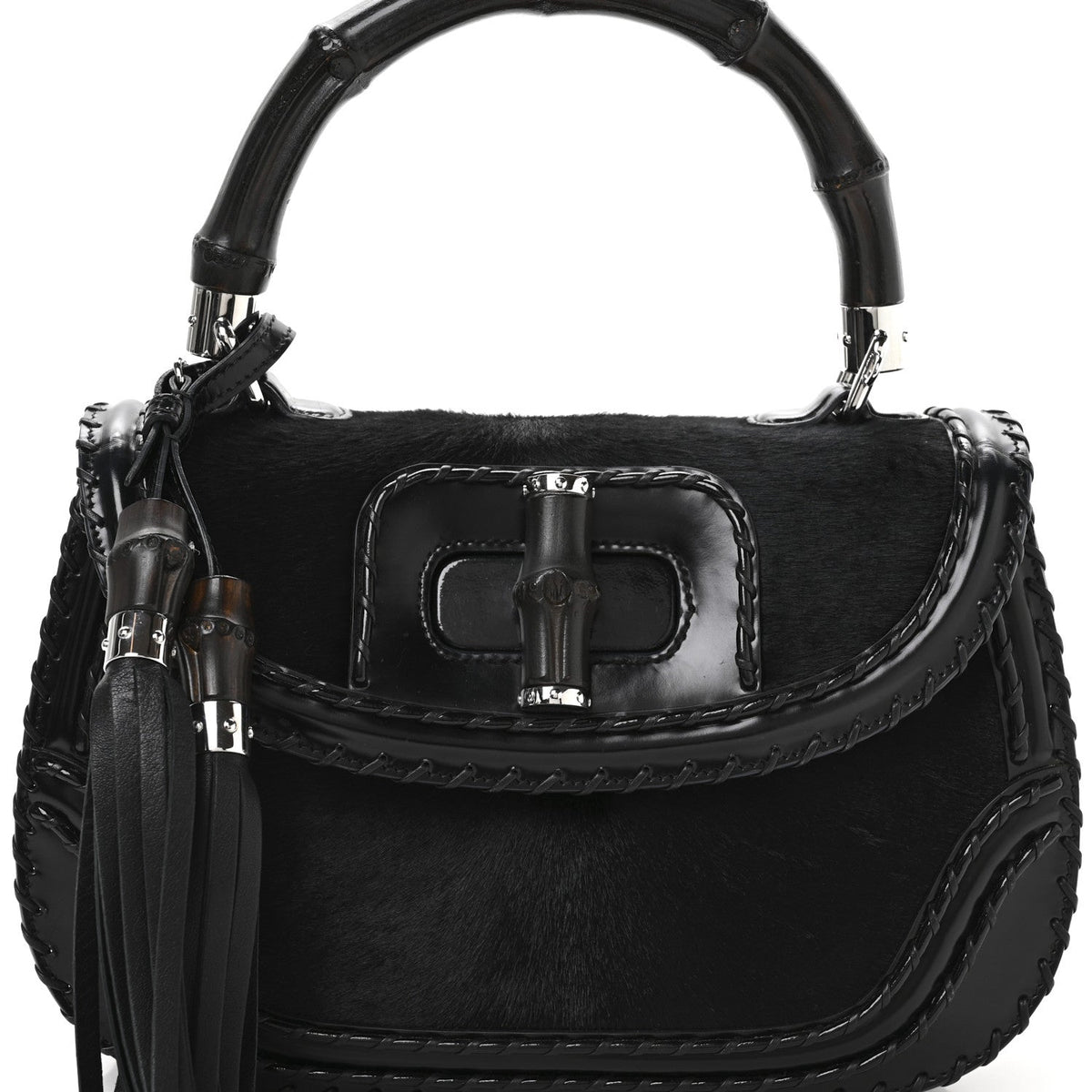 Pony Hair New Bamboo Medium Top Handle Bag Black