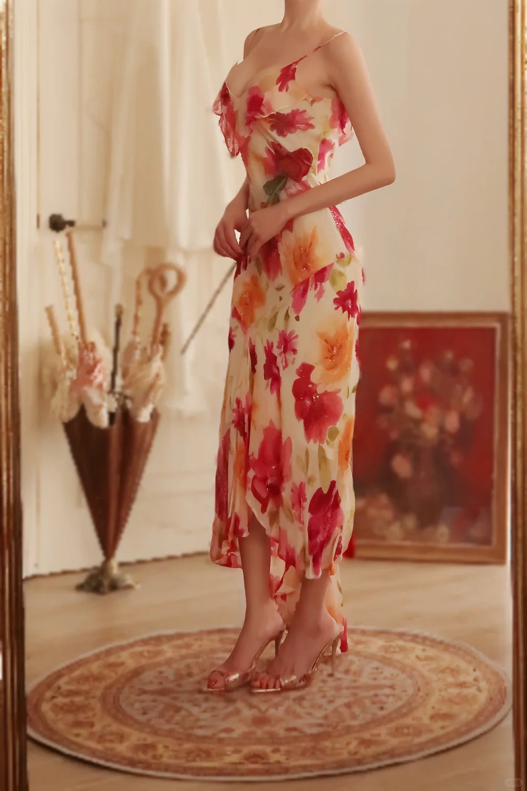 Vintage Floral A-line V-neck Spaghetti Strap Evening Dress Prom Dresses, D1432