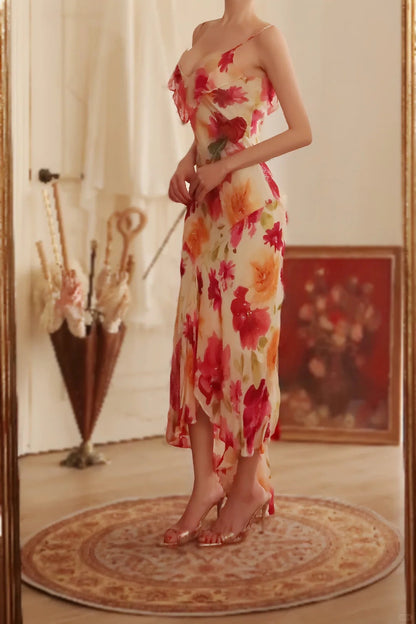 Vintage Floral A-line V-neck Spaghetti Strap Evening Dress Prom Dresses, D1432
