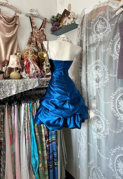 Vintage Blue A Line Strapless Pleated Satin Short Homecoming Dress Outfits SH5750