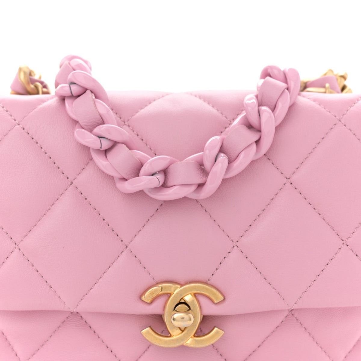 Lambskin Quilted Mini Lacquered Chain Flap Pink