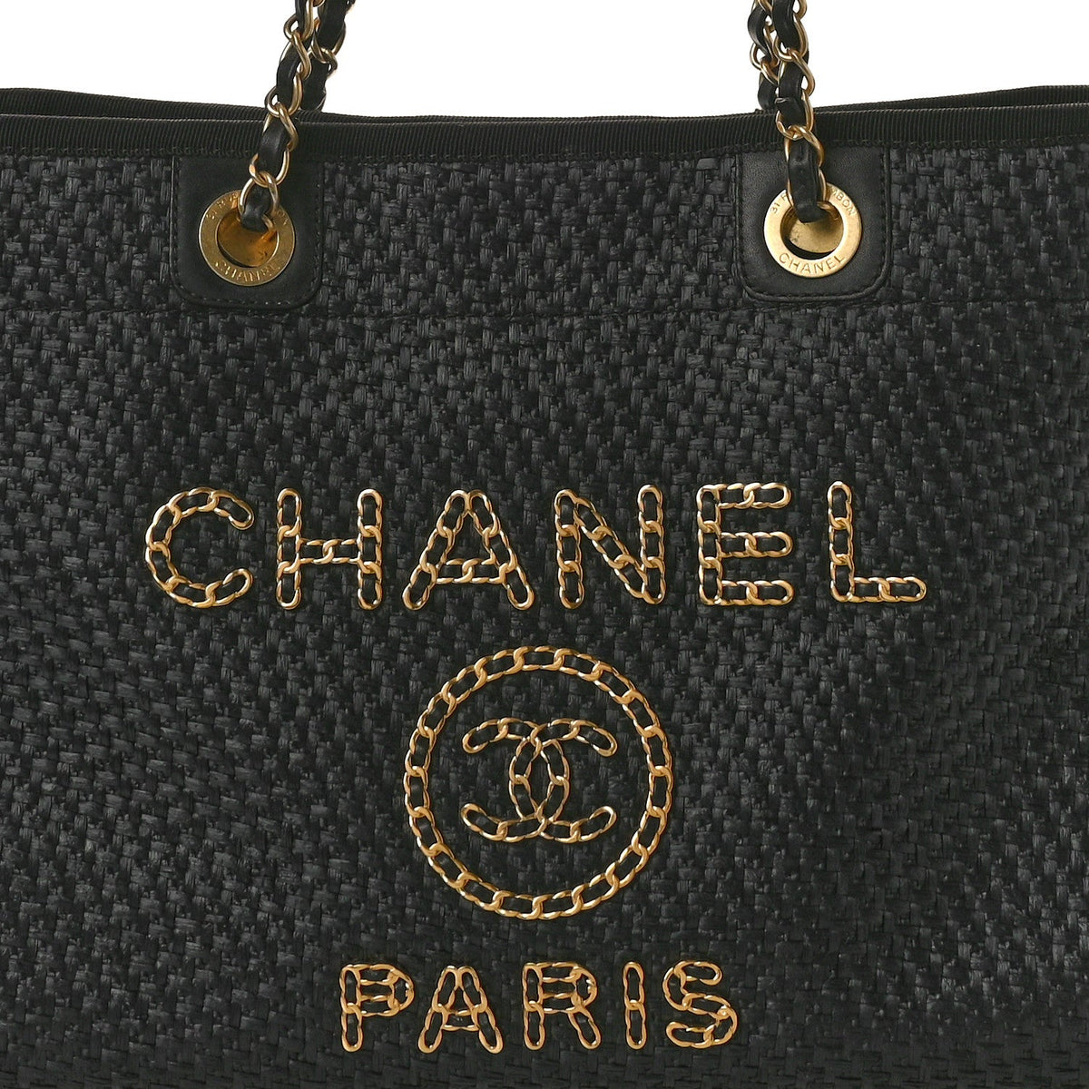 Straw Raffia Calfskin Chain Small Deauville Tote Black