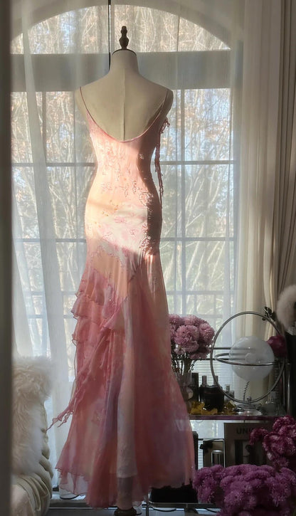 Vintage Pink Floral A-line Spaghetti Strap Irregular Hem Evening Dress Prom Dresses, D1431