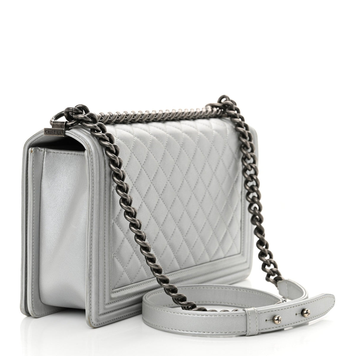 Metallic Calfskin Quilted New Medium Boy Flap Silver