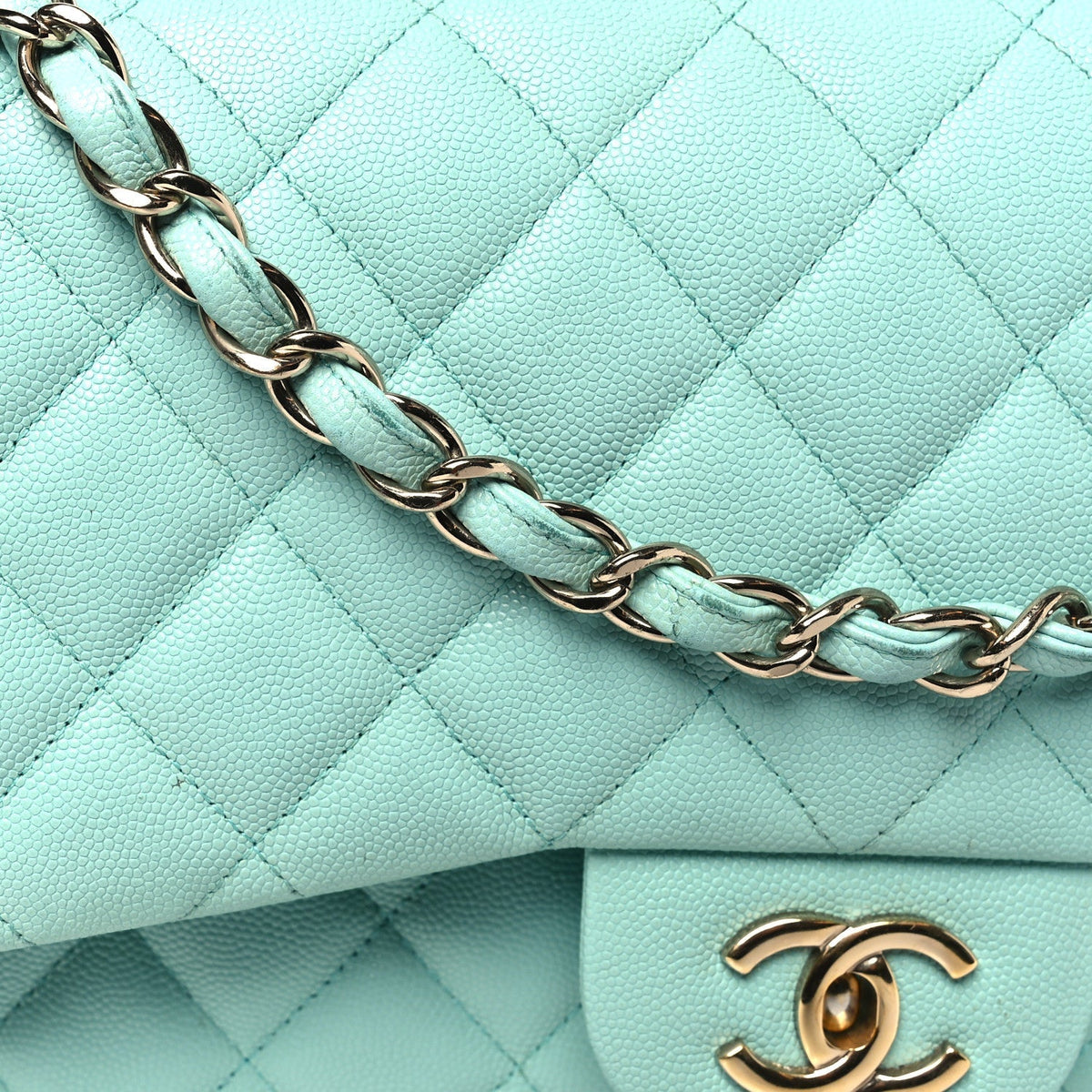 Caviar Quilted Jumbo Double Flap Light Green