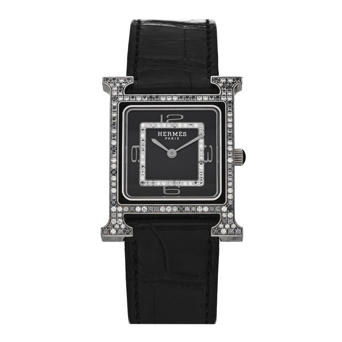 18K White Gold Alligator Diamond Grey Sapphire 26mm Heure H Hour Quartz Watch Noir