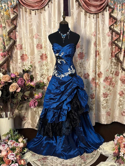 Vinatge Blue With Lace Strapless Long Formal Dress Prom Dress SH5669