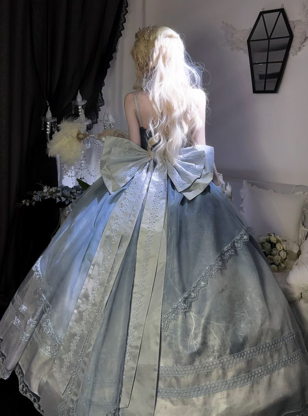Stunning Blue Bow A Line Lace Tulle Lolita Goth Boning Dress Prom Dress SH4911