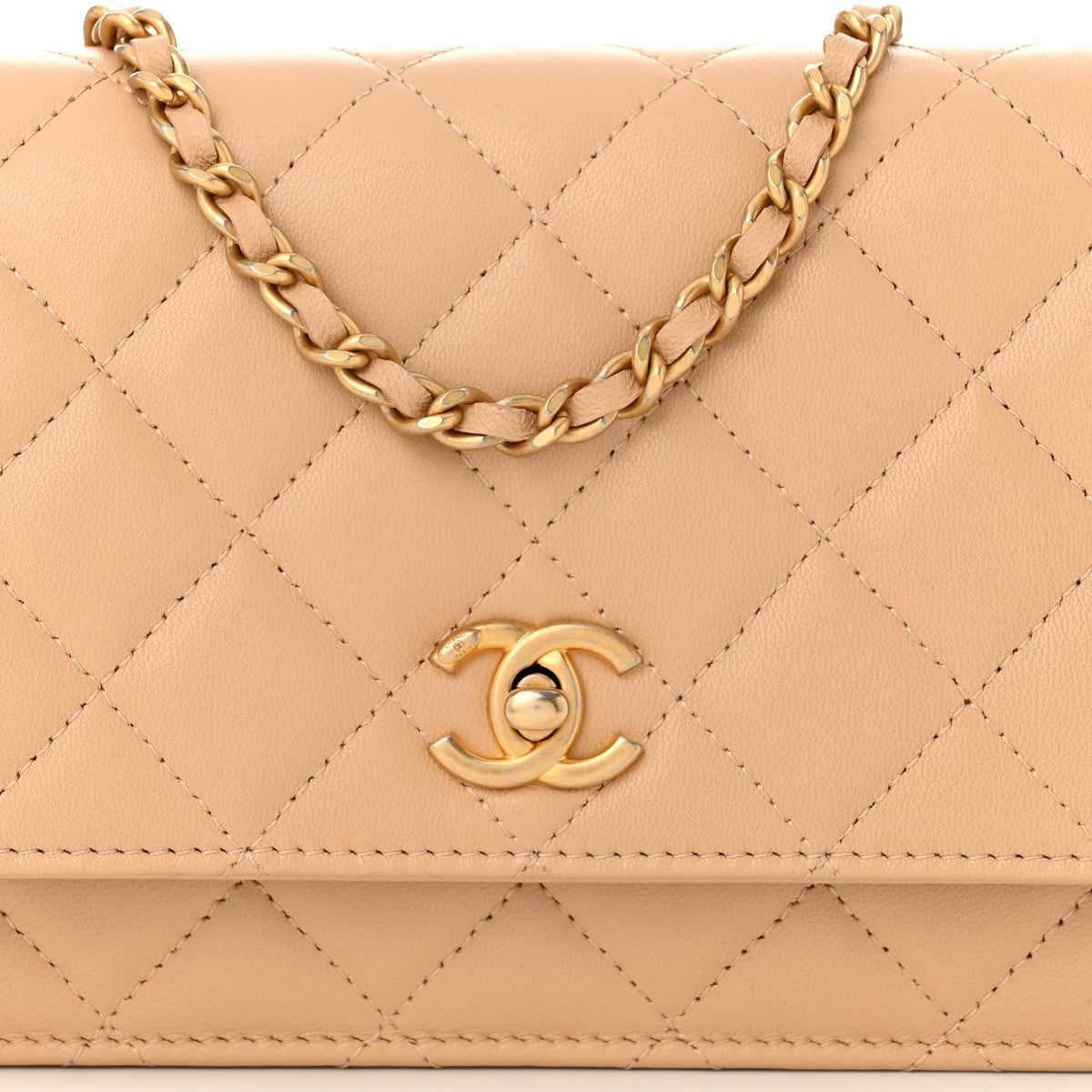 Lambskin Quilted CC Pearl Crush Wallet on Chain WOC Beige