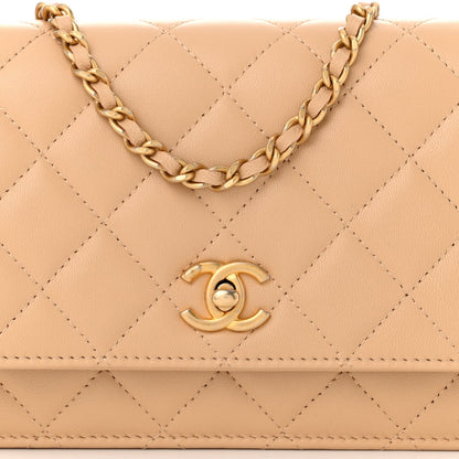 Lambskin Quilted CC Pearl Crush Wallet on Chain WOC Beige