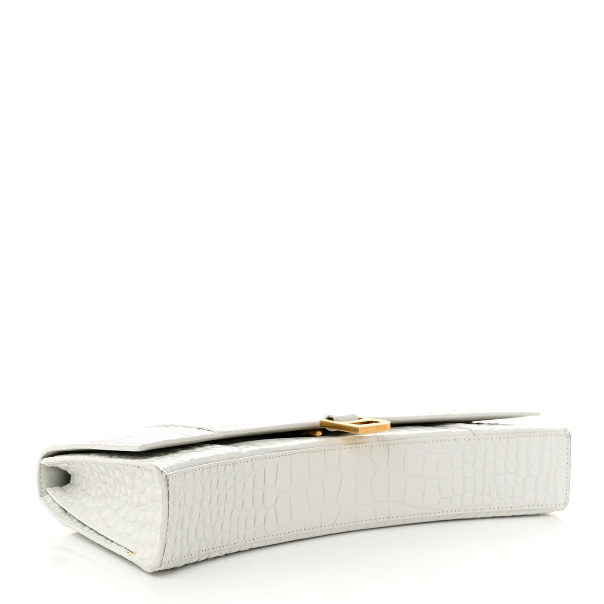 Shiny Calfskin Crocodile Embossed Tonal B Hourglass Stretch Top Handle Bag White