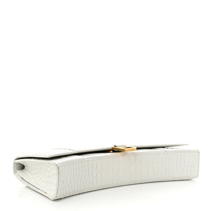 Shiny Calfskin Crocodile Embossed Tonal B Hourglass Stretch Top Handle Bag White