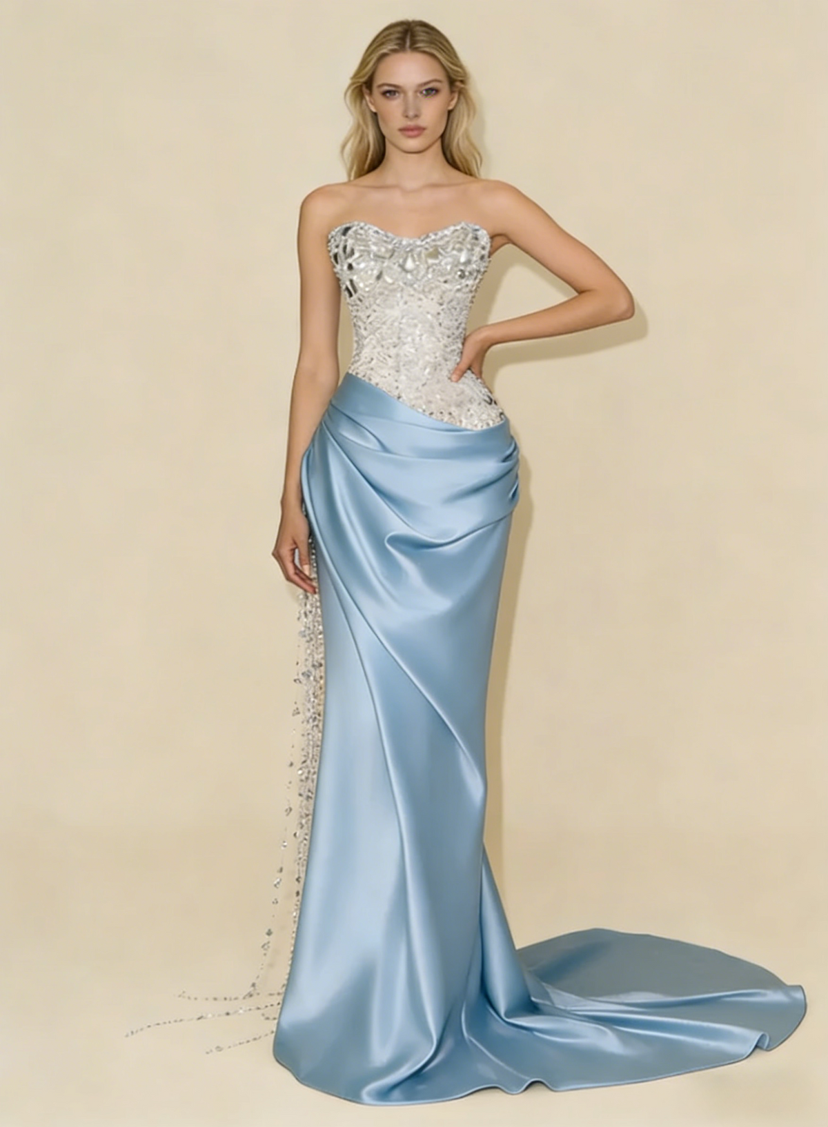 Stunning Strapless Sheath Satin Beaded Long Evening Party Dress Birthday Outfits, D980